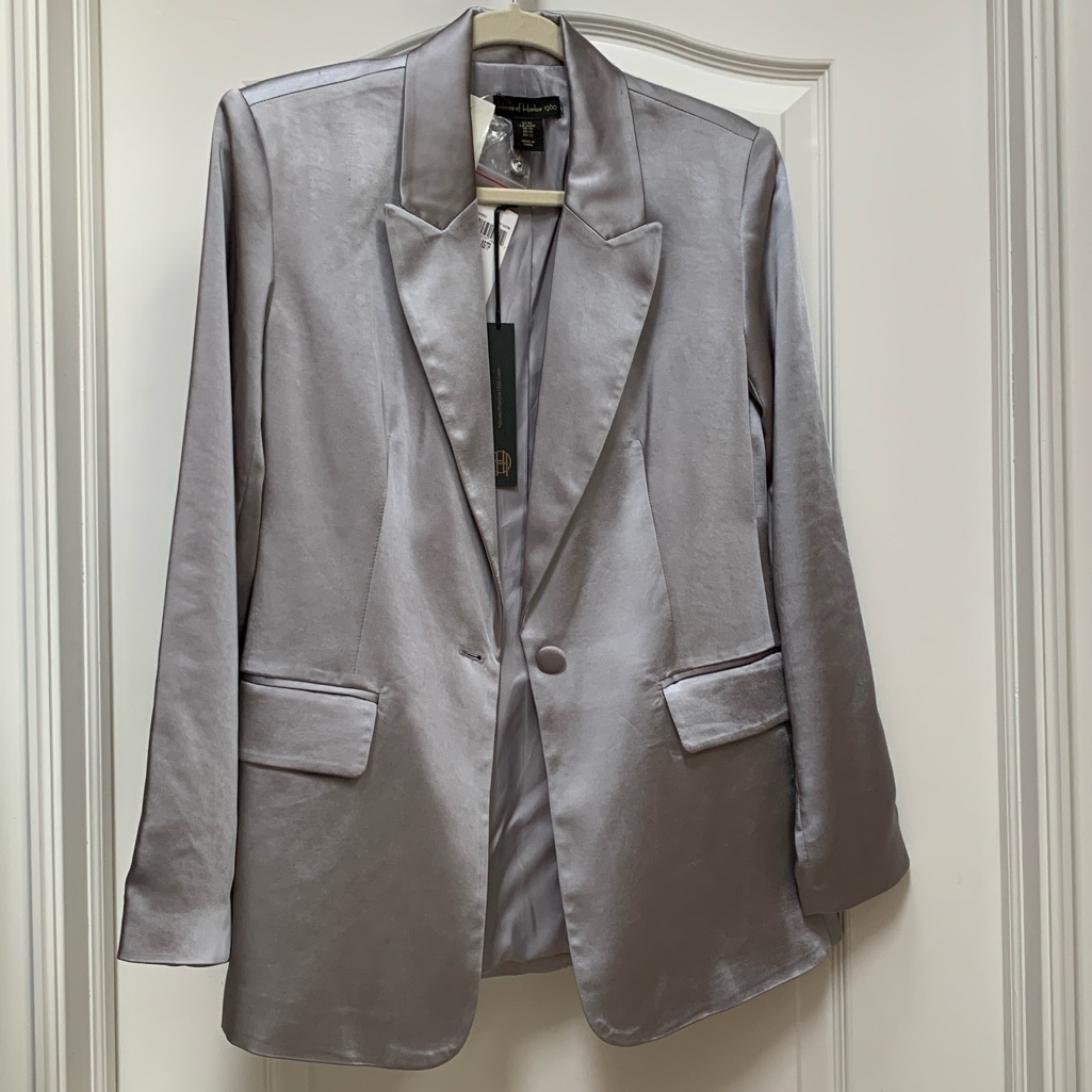 Nwt House Of Harlow 1960 Grey Silver Satin Silky Single Breasted Beckham Blazer